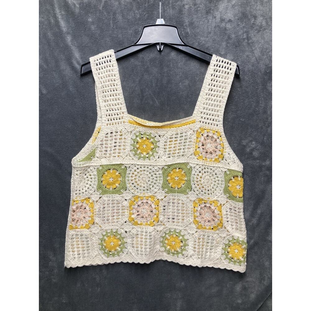 Granny Square Crochet Tank Top Embroider Floral Open Knit Boho Festival Hippie M